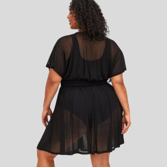TORRID Plus Size Black mesh retro chic smocked swimsuit cover-up dress 4X - Picture 9 of 16
